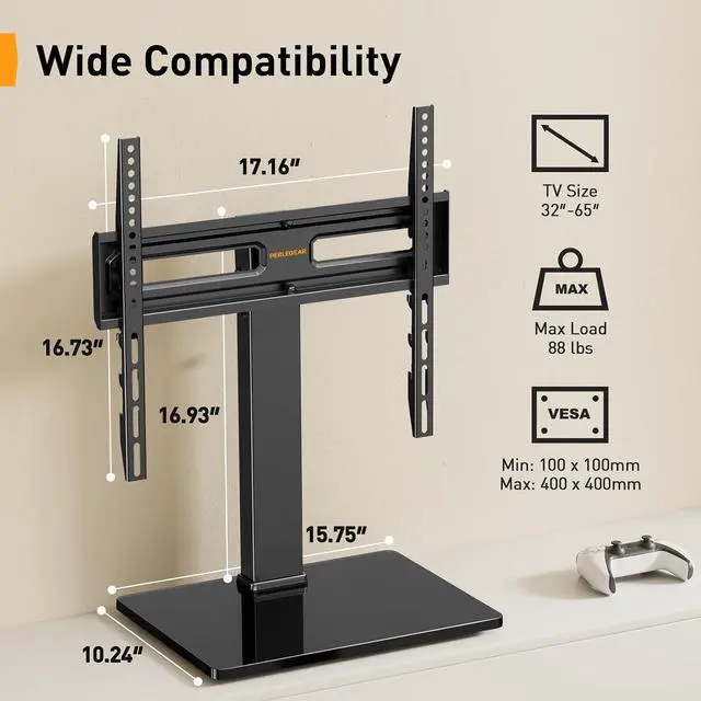 Alt view image 2 of 7 - Universal Swivel TV Stand with Power Outlet for 3465 inch TVs | Tilt, 6 height adjustments, stable tempered glass base, security locks, cable management, 88 lbs max load, max VESA 400x400mm