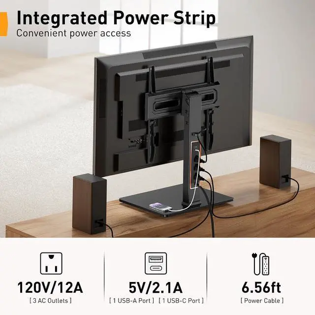 Alt view image 3 of 7 - Universal Swivel TV Stand with Power Outlet for 3465 inch TVs | Tilt, 6 height adjustments, stable tempered glass base, security locks, cable management, 88 lbs max load, max VESA 400x400mm