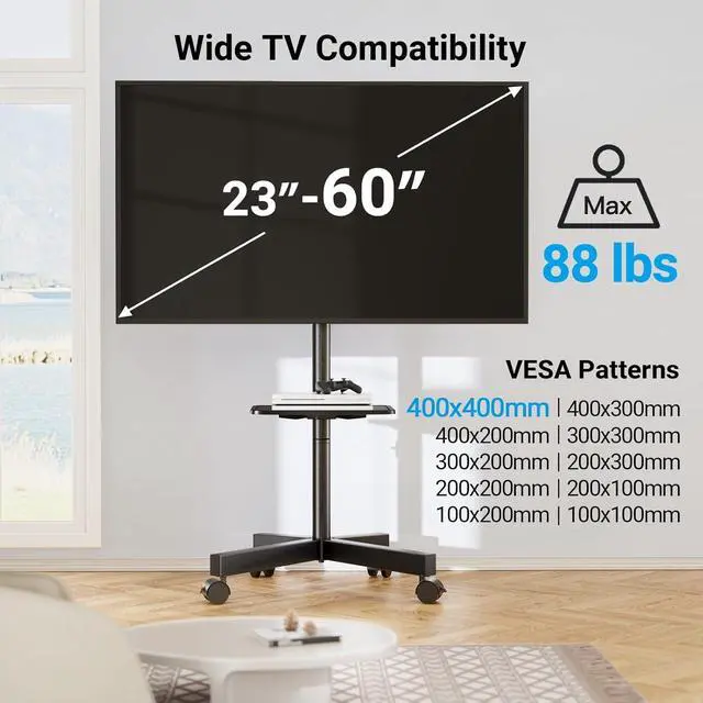 Alt view image 5 of 7 - Rolling TV Stand, Mobile TV Stand for 23-60 Inch LCD LED TVs, Tilt TV Stand Wheels Holds up to 88Lbs, Portable TV Stand for Bedroom with Shelf, Outdoor TV Stand Max VESA 400x400mm PSTVMC06