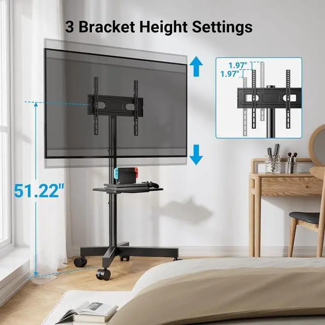 Alt view image 4 of 7 - Rolling TV Stand, Mobile TV Stand for 23-60 Inch LCD LED TVs, Tilt TV Stand Wheels Holds up to 88Lbs, Portable TV Stand for Bedroom with Shelf, Outdoor TV Stand Max VESA 400x400mm PSTVMC06