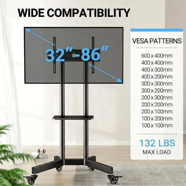 Alt view image 2 of 7 - Rolling TV Stand with Lockable Wheels for 32-86 Inch TVs Holds up to 132 Lbs, Height Adjustable Mobile TV Stand on Wheels with Laptop Shelf, Rolling Tv Cart Max VESA 600x400mm PSTVMC01