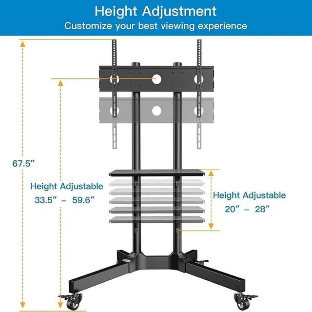 Alt view image 3 of 7 - Rolling TV Stand with Lockable Wheels for 32-86 Inch TVs Holds up to 132 Lbs, Height Adjustable Mobile TV Stand on Wheels with Laptop Shelf, Rolling Tv Cart Max VESA 600x400mm PSTVMC01