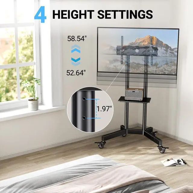 Alt view image 6 of 7 - Rolling TV Stand with Lockable Wheels for 32-86 Inch TVs Holds up to 132 Lbs, Height Adjustable Mobile TV Stand on Wheels with Laptop Shelf, Rolling Tv Cart Max VESA 600x400mm PSTVMC01