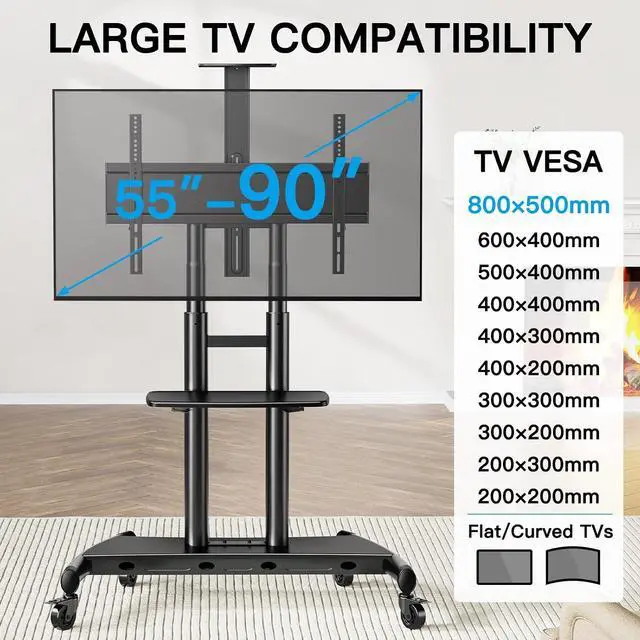 Alt view image 2 of 7 - Mobile TV Stand for 55-90 Inch Flat/Curved Screen TV Max VESA 800x500mm Outdoor TV Cart with Height Adjustable AV Shelf- UL Certificated Rolling Floor TV Stand Holds up to 200Lbs (PSTVMC07)