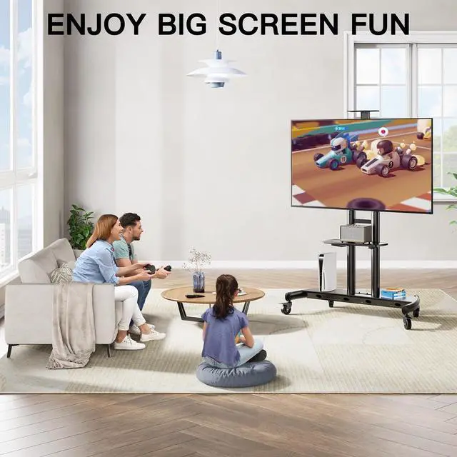Alt view image 7 of 7 - Mobile TV Stand for 55-90 Inch Flat/Curved Screen TV Max VESA 800x500mm Outdoor TV Cart with Height Adjustable AV Shelf- UL Certificated Rolling Floor TV Stand Holds up to 200Lbs (PSTVMC07)