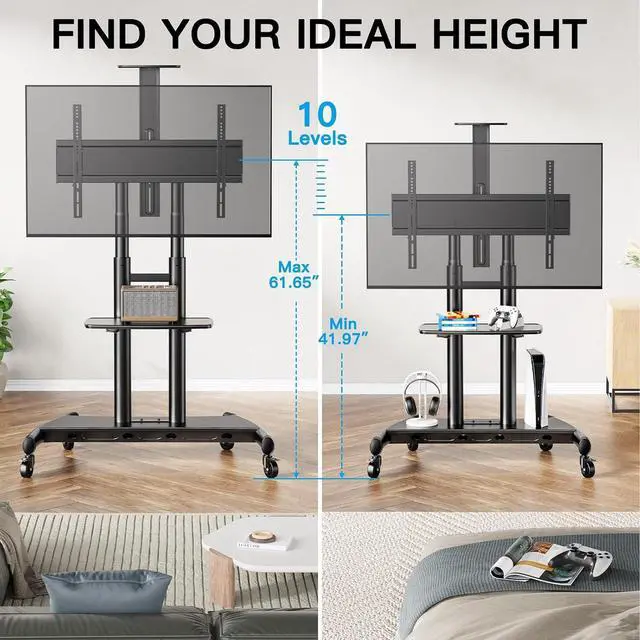 Alt view image 6 of 7 - Mobile TV Stand for 55-90 Inch Flat/Curved Screen TV Max VESA 800x500mm Outdoor TV Cart with Height Adjustable AV Shelf- UL Certificated Rolling Floor TV Stand Holds up to 200Lbs (PSTVMC07)