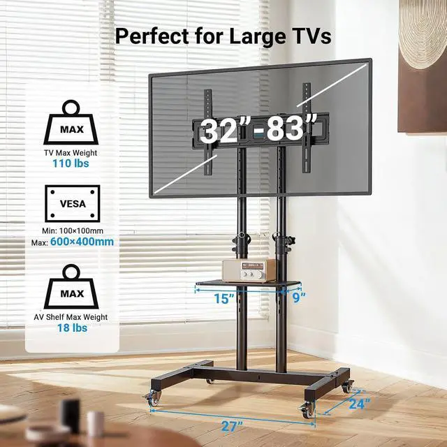 Alt view image 3 of 7 - Rolling TV Stand on Wheels for 32-83 Inch Screens up to 110lbs, Mobile TV Cart Height Adjustable Portable Outdoor TV Stand Tilt Rolling TV Cart with Shelf Max VESA 600x400mm PSTVMC03