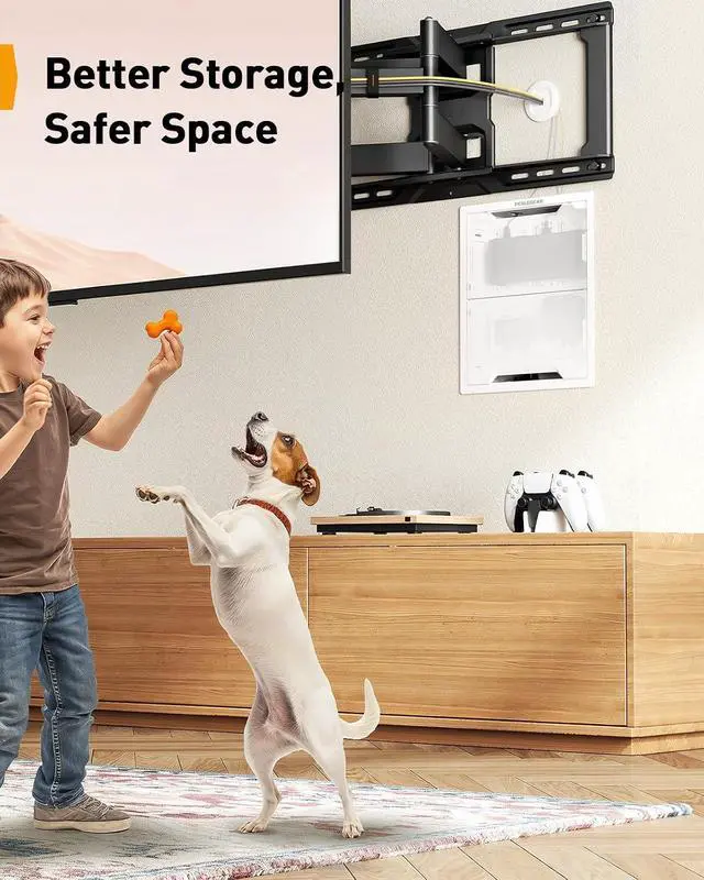 Alt view image 2 of 7 - 17 in-Wall Media Box Recessed Outlet Box and Full Motion TV Wall Mount with Power Strip for 4290 Inch TVs up to 150 lbs