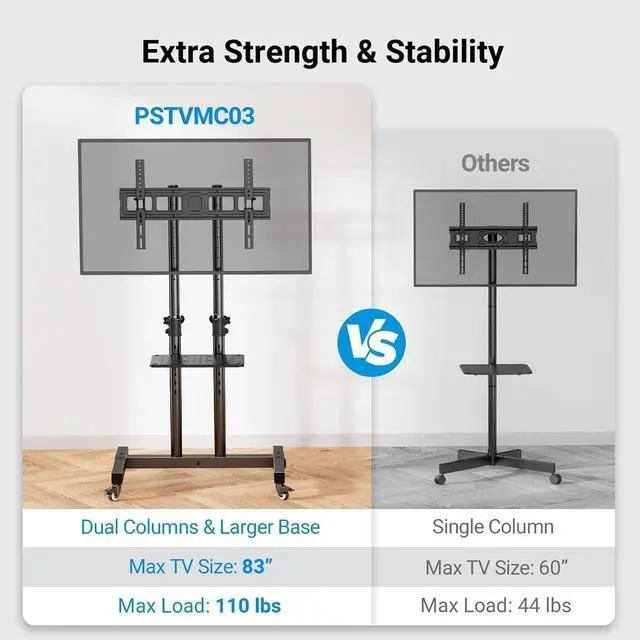 Alt view image 7 of 7 - Rolling TV Stand on Wheels for 32-83 Inch Screens up to 110lbs, Mobile TV Cart Height Adjustable Portable Outdoor TV Stand Tilt Rolling TV Cart with Shelf Max VESA 600x400mm PSTVMC03