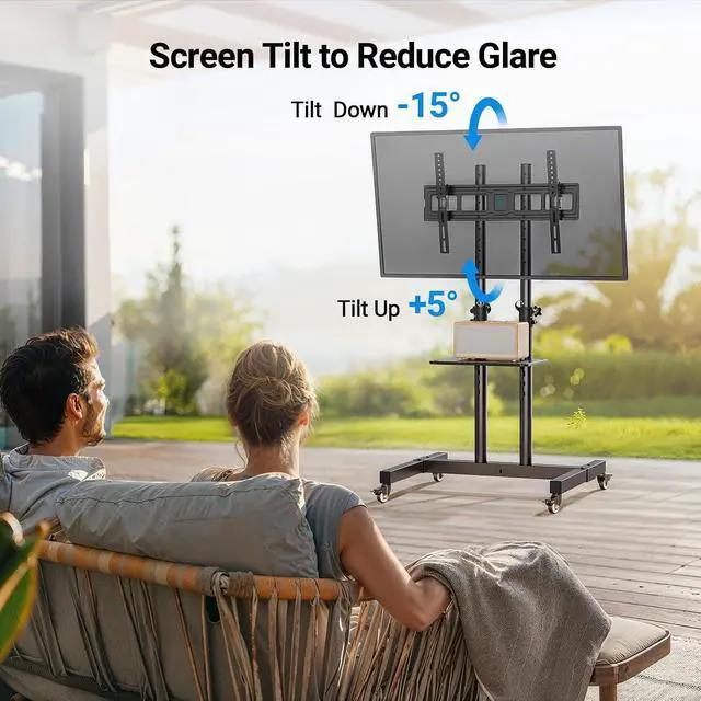 Alt view image 6 of 7 - Rolling TV Stand on Wheels for 32-83 Inch Screens up to 110lbs, Mobile TV Cart Height Adjustable Portable Outdoor TV Stand Tilt Rolling TV Cart with Shelf Max VESA 600x400mm PSTVMC03