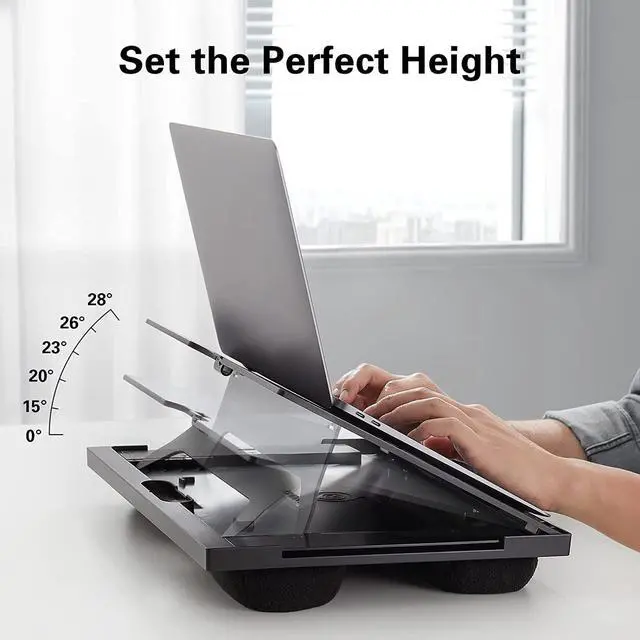 Alt view image 3 of 7 - Adjustable Lap Desk Fits Up to 15.6 Inch Laptops- with 6 Adjustable Angles, Detachable Mouse Tray, & Dual Cushions Laptop Stand for Car Laptop Desk, Work Table, Lap Drawing Desk on Sofa or Bed