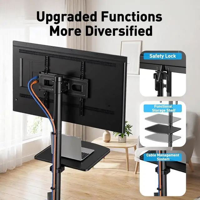 Alt view image 5 of 7 - Rolling TV Stand for 23-63 Inch Flat/Curved Screen TVs up to 88 lbs, Mobile TV Stand on Wheels, Portable TV Stand with Tilt & Height Adjustable,Outdoor TV Stand Max VESA 400x400mm PSTVMC10