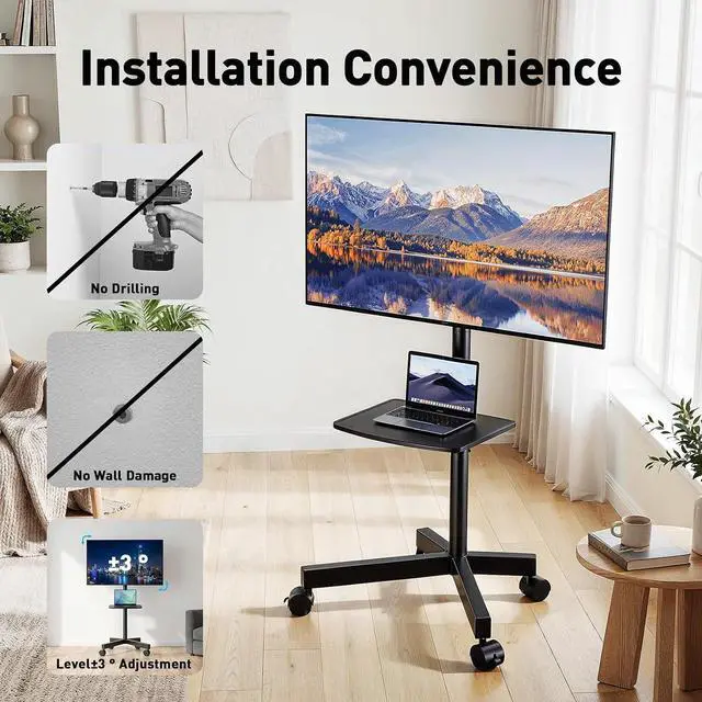 Alt view image 6 of 7 - Rolling TV Stand for 23-63 Inch Flat/Curved Screen TVs up to 88 lbs, Mobile TV Stand on Wheels, Portable TV Stand with Tilt & Height Adjustable,Outdoor TV Stand Max VESA 400x400mm PSTVMC10