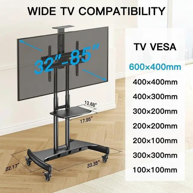 Alt view image 2 of 7 - Rolling TV Stand with Wheels for 32-85 Inch LCD LED 4K Flat Screen TVs, Tilt Mobile TV Cart with Shelf Holds Up to 100 lbs, Height Adjustable Floor TV Stand Max VESA 600x400mm- PSTVMC05