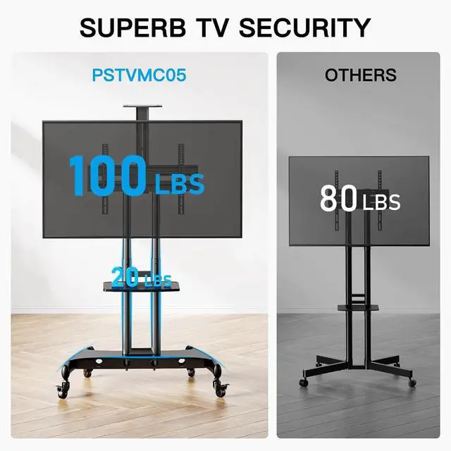 Alt view image 3 of 7 - Rolling TV Stand with Wheels for 32-85 Inch LCD LED 4K Flat Screen TVs, Tilt Mobile TV Cart with Shelf Holds Up to 100 lbs, Height Adjustable Floor TV Stand Max VESA 600x400mm- PSTVMC05