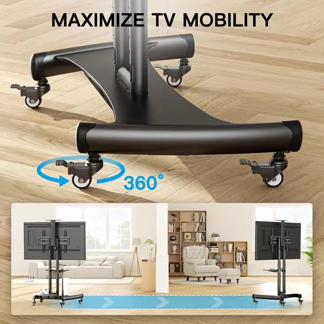 Alt view image 4 of 7 - Rolling TV Stand with Wheels for 32-85 Inch LCD LED 4K Flat Screen TVs, Tilt Mobile TV Cart with Shelf Holds Up to 100 lbs, Height Adjustable Floor TV Stand Max VESA 600x400mm- PSTVMC05