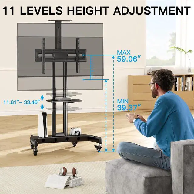 Alt view image 5 of 7 - Rolling TV Stand with Wheels for 32-85 Inch LCD LED 4K Flat Screen TVs, Tilt Mobile TV Cart with Shelf Holds Up to 100 lbs, Height Adjustable Floor TV Stand Max VESA 600x400mm- PSTVMC05