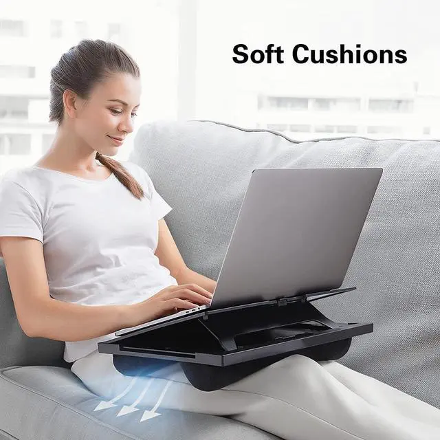 Alt view image 4 of 7 - Adjustable Lap Desk Fits Up to 15.6 Inch Laptops- with 6 Adjustable Angles, Detachable Mouse Tray, & Dual Cushions Laptop Stand for Car Laptop Desk, Work Table, Lap Drawing Desk on Sofa or Bed