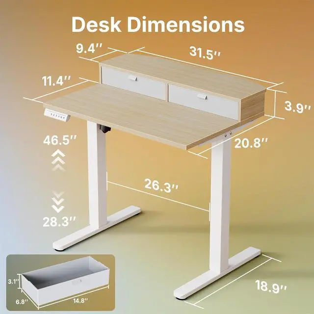 Alt view image 2 of 7 - 32" X 21" Electric Standing Desk with 2 Drawers, C-Clamp Mount Compatible, Height Adjustable Computer Desk, Home Office Stand Up Desk with 4 Preset Heights & 2 Hooks, Light Walnut