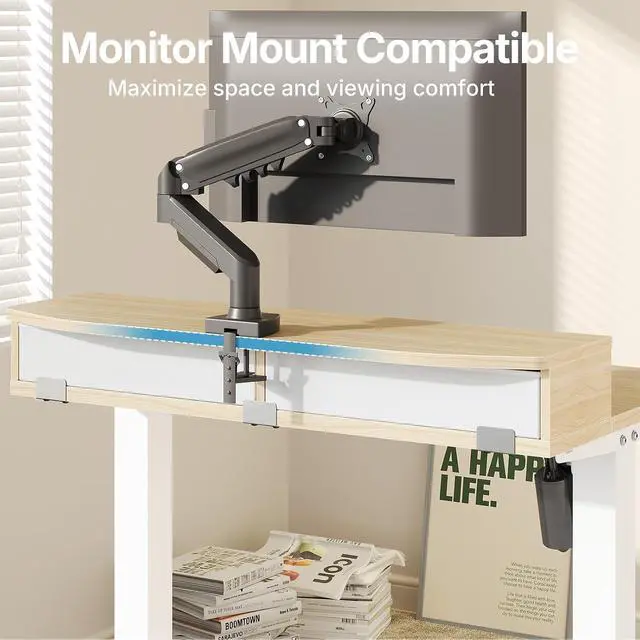 Alt view image 4 of 7 - 32" X 21" Electric Standing Desk with 2 Drawers, C-Clamp Mount Compatible, Height Adjustable Computer Desk, Home Office Stand Up Desk with 4 Preset Heights & 2 Hooks, Light Walnut