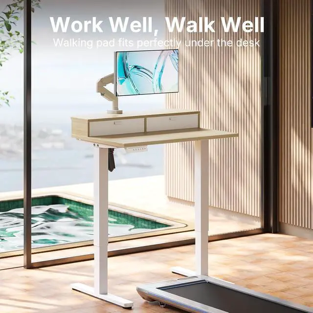 Alt view image 6 of 7 - 32" X 21" Electric Standing Desk with 2 Drawers, C-Clamp Mount Compatible, Height Adjustable Computer Desk, Home Office Stand Up Desk with 4 Preset Heights & 2 Hooks, Light Walnut