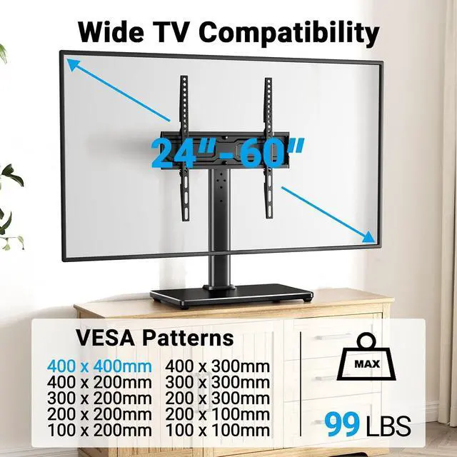 Alt view image 2 of 7 - Universal Swivel TV Stand for 24-60 inch TVs up to 99 lbs, 12 Height Adjustable Table Top TV Stand, TV Base Stand with Tempered Glass Base, Max VESA 400x400mm, PSTVS33
