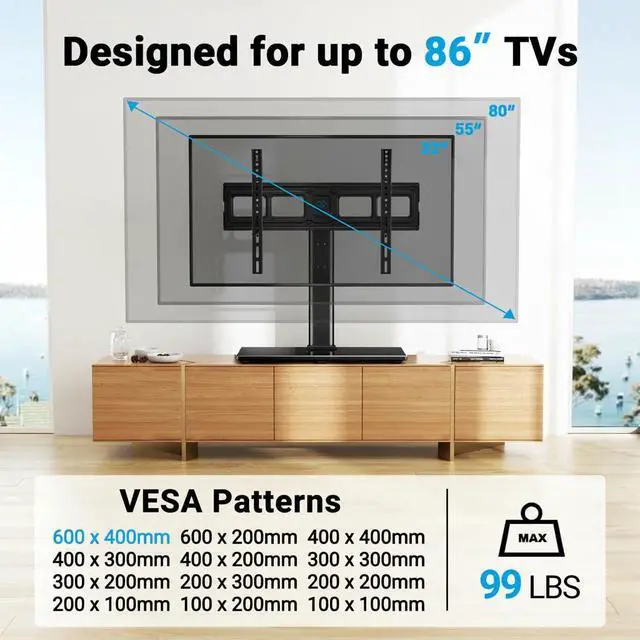 Alt view image 2 of 7 - Swivel Universal TV Stand Mount for 32-86 Inch LCD OLED Flat/Curved Screen TVs up to 99lbs-Height Adjustable Table Top TV Stand/Base with Tempered Glass Base&Wire Management,VESA 600x400mm