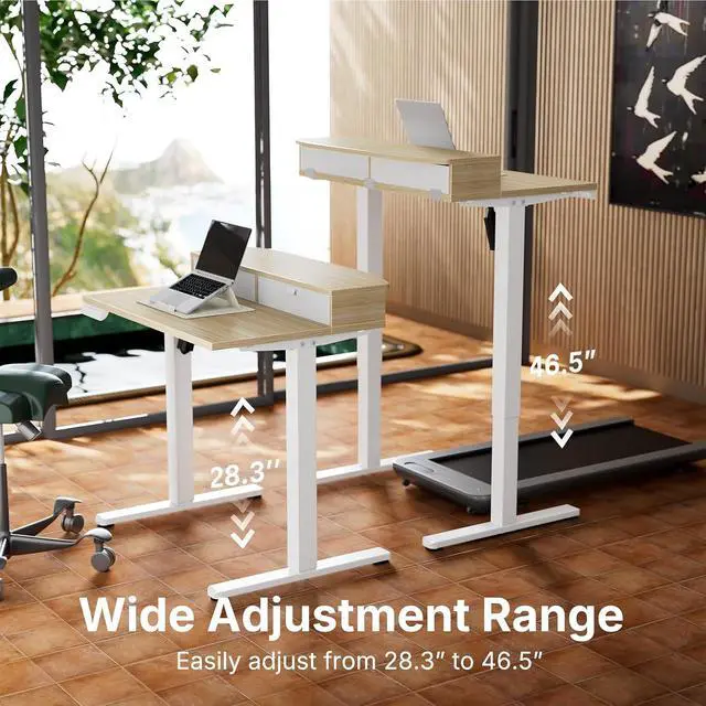 Alt view image 7 of 7 - 32" X 21" Electric Standing Desk with 2 Drawers, C-Clamp Mount Compatible, Height Adjustable Computer Desk, Home Office Stand Up Desk with 4 Preset Heights & 2 Hooks, Light Walnut