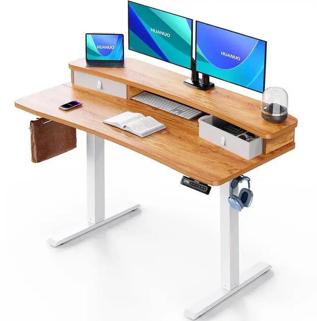 Main image of 48 x 24 Electric Standing Desk with 2 Drawers, C-Clamp Mount Compatible, Height Adjustable Computer Desk, Home Office Stand Up Desk with 4 Preset Heights & 2 Hooks, Light Vintage