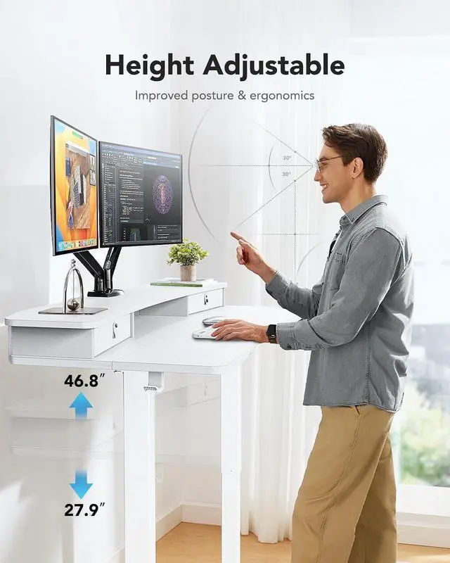 Alt view image 6 of 7 - 60 x 30 Electric Standing Desk with 2 Drawers, C-Clamp Mount Compatible, Height Adjustable Computer Desk, Home Office Stand Up Desk with 4 Preset Heights & 2 Hooks, White