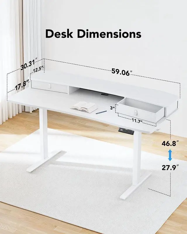 Alt view image 3 of 7 - 60 x 30 Electric Standing Desk with 2 Drawers, C-Clamp Mount Compatible, Height Adjustable Computer Desk, Home Office Stand Up Desk with 4 Preset Heights & 2 Hooks, White