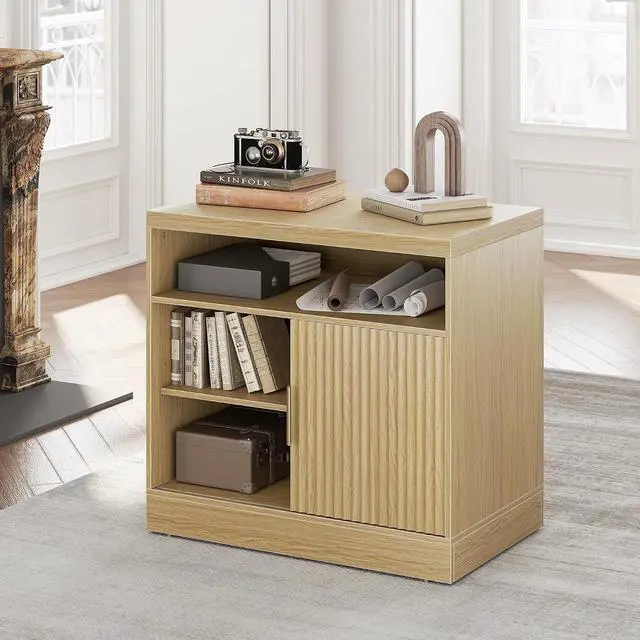 Main image of File Cabinet with Sliding Door, 32'' Fluted File Cabinet with Open Adjustable Shelves, Wood Filing Cabinet for Home Office, Light Walnut