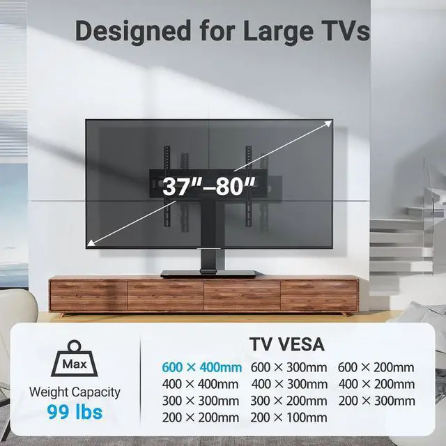 Alt view image 5 of 7 - Universal Swivel TV Stand Mount for 37-80 Inch LCD OLED Flat/Curved Screen TVs-Height Adjustable Table Top TV Stand/Base with Wire Management,VESA 600x400mm up to 99lbs,PSTVS35