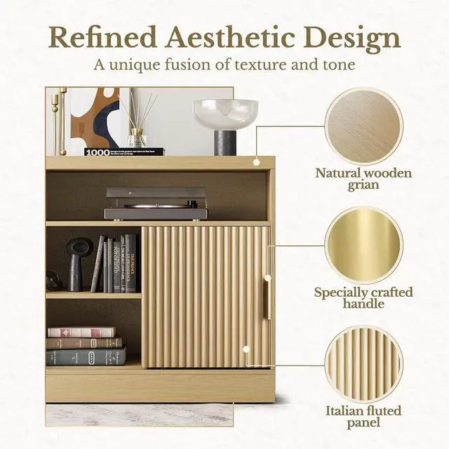 Alt view image 3 of 6 - File Cabinet with Sliding Door, 32'' Fluted File Cabinet with Open Adjustable Shelves, Wood Filing Cabinet for Home Office, Light Walnut