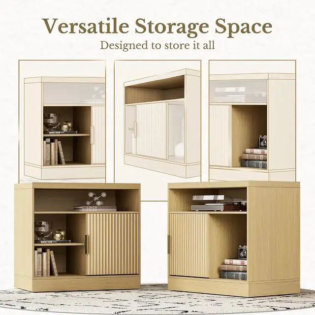 Alt view image 4 of 6 - File Cabinet with Sliding Door, 32'' Fluted File Cabinet with Open Adjustable Shelves, Wood Filing Cabinet for Home Office, Light Walnut