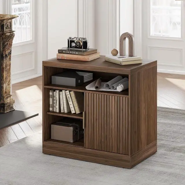 Main image of File Cabinet with Sliding Door, 32'' Fluted File Cabinet with Open Adjustable Shelves, Wood Filing Cabinet for Home Office, Black Walnut