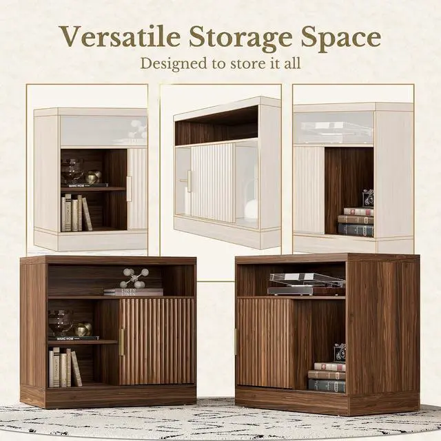 Alt view image 4 of 6 - File Cabinet with Sliding Door, 32'' Fluted File Cabinet with Open Adjustable Shelves, Wood Filing Cabinet for Home Office, Black Walnut
