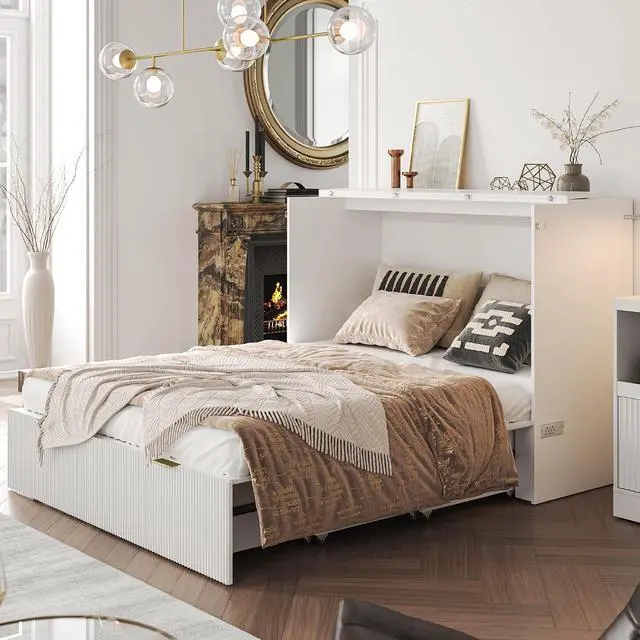 Alt view image 2 of 7 - Queen Murphy Bed, Fluted Wood Murphy Cabinet with Storage Drawers & Charging Station for Bedroom/Office/Guest Room, White