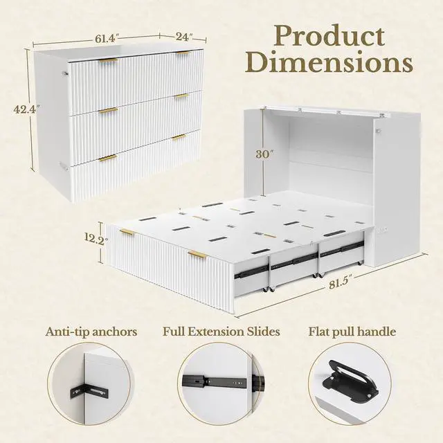 Alt view image 3 of 7 - Queen Murphy Bed, Fluted Wood Murphy Cabinet with Storage Drawers & Charging Station for Bedroom/Office/Guest Room, White