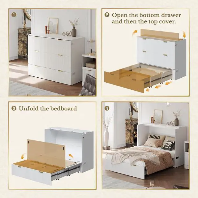 Alt view image 4 of 7 - Queen Murphy Bed, Fluted Wood Murphy Cabinet with Storage Drawers & Charging Station for Bedroom/Office/Guest Room, White