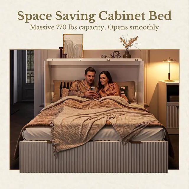 Alt view image 5 of 7 - Queen Murphy Bed, Fluted Wood Murphy Cabinet with Storage Drawers & Charging Station for Bedroom/Office/Guest Room, White