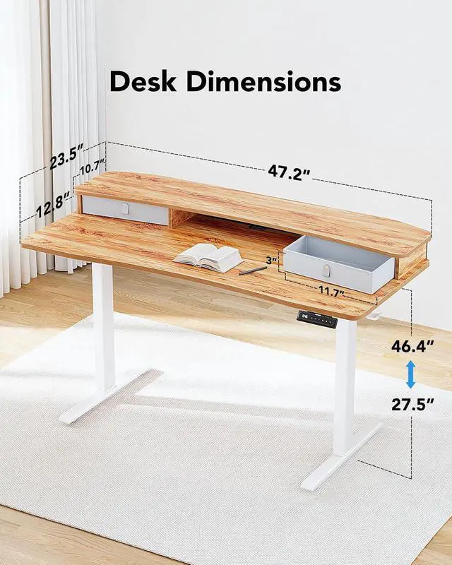 Alt view image 3 of 7 - 48 x 24 Electric Standing Desk with 2 Drawers, C-Clamp Mount Compatible, Height Adjustable Computer Desk, Home Office Stand Up Desk with 4 Preset Heights & 2 Hooks, Light Vintage