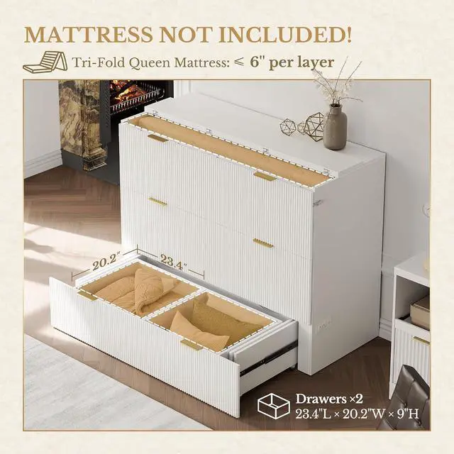 Alt view image 6 of 7 - Queen Murphy Bed, Fluted Wood Murphy Cabinet with Storage Drawers & Charging Station for Bedroom/Office/Guest Room, White