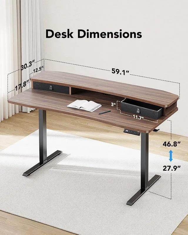 Alt view image 3 of 7 - 60 x 30 Electric Standing Desk with 2 Drawers, C-Clamp Mount Compatible, Height Adjustable Computer Desk, Home Office Stand Up Desk with 4 Preset Heights & 2 Hooks, Walnut