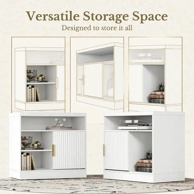 Alt view image 4 of 6 - Fluted File Cabinet with Door, 32'' Lateral File Cabinet with Open Adjustable Shelves, Wood Filing Cabinet with Sliding Door for Home Office, White