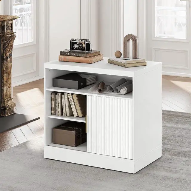 Main image of Fluted File Cabinet with Door, 32'' Lateral File Cabinet with Open Adjustable Shelves, Wood Filing Cabinet with Sliding Door for Home Office, White