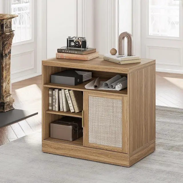 Main image of Rattan File Cabinet with Sliding Door, 32'' Lateral File Cabinet with Open Adjustable Shelves, Wood Filing Cabinet for Home Office, Natural Oak