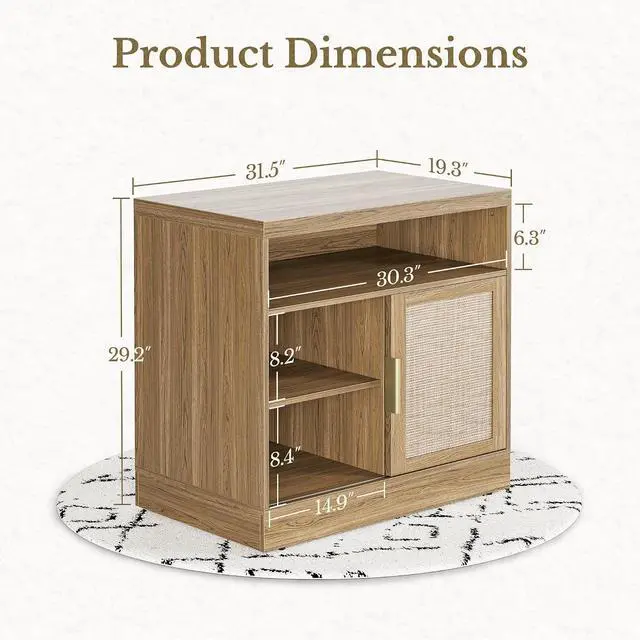 Alt view image 2 of 6 - Rattan File Cabinet with Sliding Door, 32'' Lateral File Cabinet with Open Adjustable Shelves, Wood Filing Cabinet for Home Office, Natural Oak