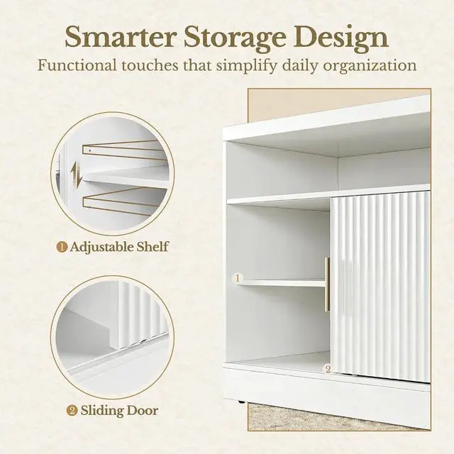 Alt view image 6 of 6 - Fluted File Cabinet with Door, 32'' Lateral File Cabinet with Open Adjustable Shelves, Wood Filing Cabinet with Sliding Door for Home Office, White