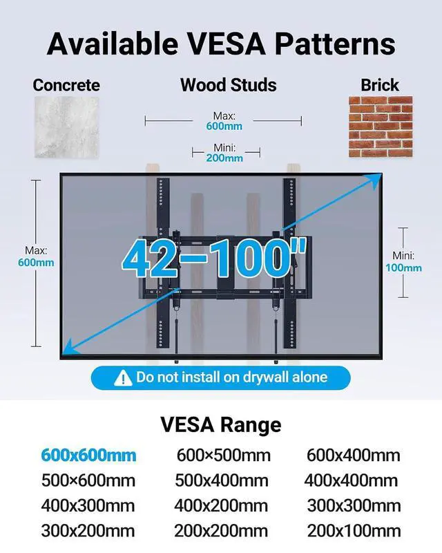 Alt view image 2 of 7 - UL Listed Advanced Tilting TV Wall Mount Bracket for 42-100 inch Large TVs up to 160 lbs, Ultra Slim Low Profile Tilt TV Mount Fits 16/24 inch Studs, Max VESA 600x600mm
